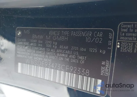 2003 BMW M5 из США, поврежденный, VIN WBSDE93473CF92338